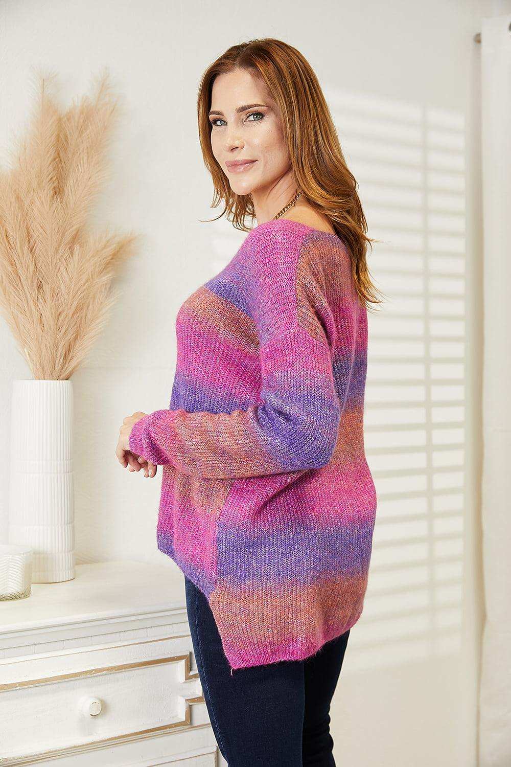 Double Take Multicolored Rib-Knit V-Neck Knit Pullover - Trendsi - Flyclothing LLC