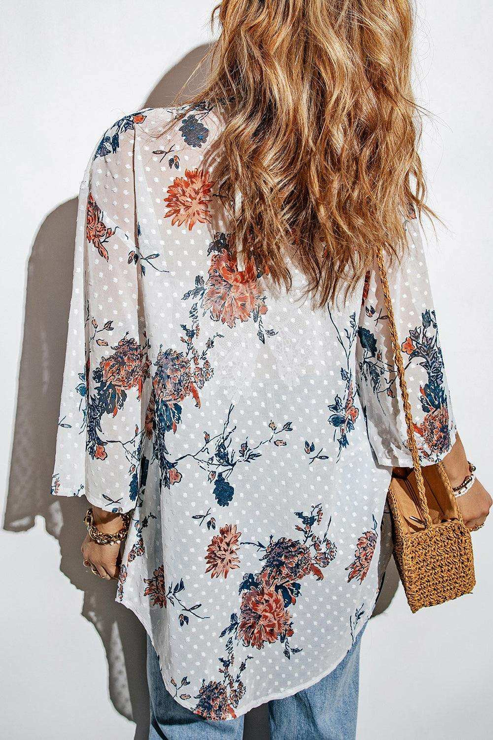 Floral Three-Quarter Sleeve Open Front Cardigan - Trendsi - Flyclothing LLC