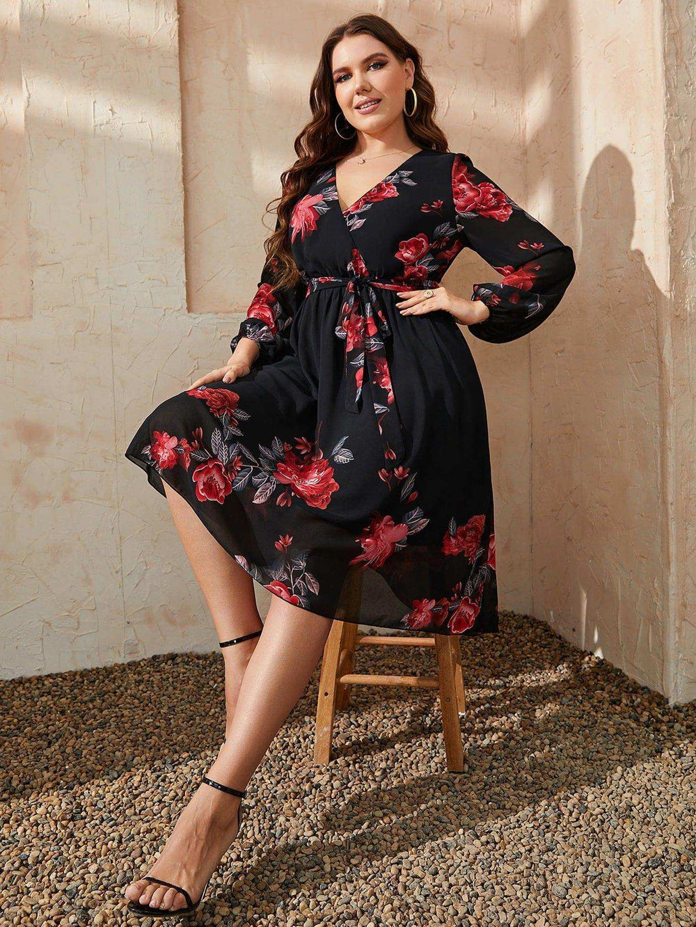 Plus Size Floral Surplice Neck Tie Waist Dress - Trendsi - Flyclothing LLC