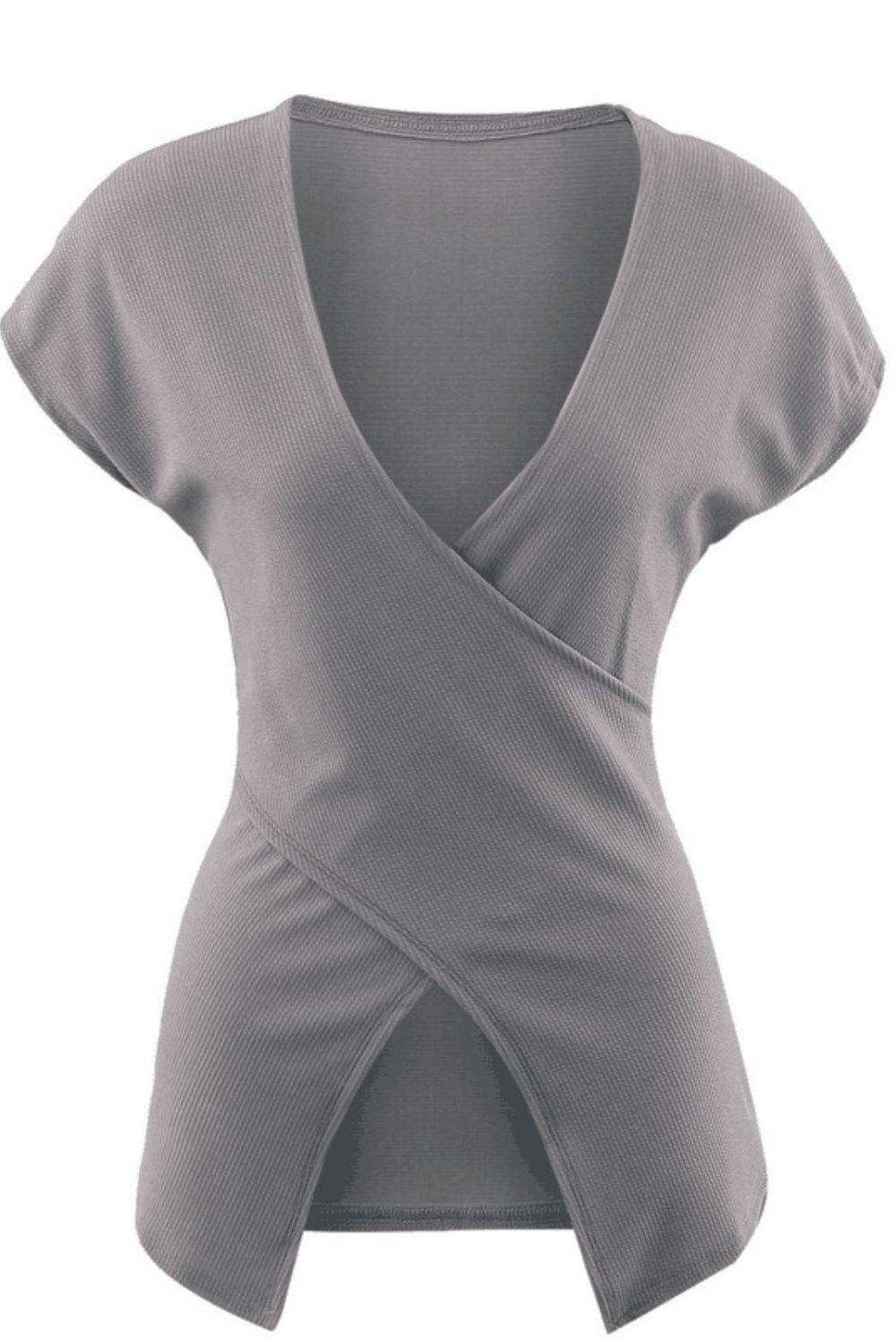Ribbed Surplice Neck Slit Top - Trendsi - Flyclothing LLC