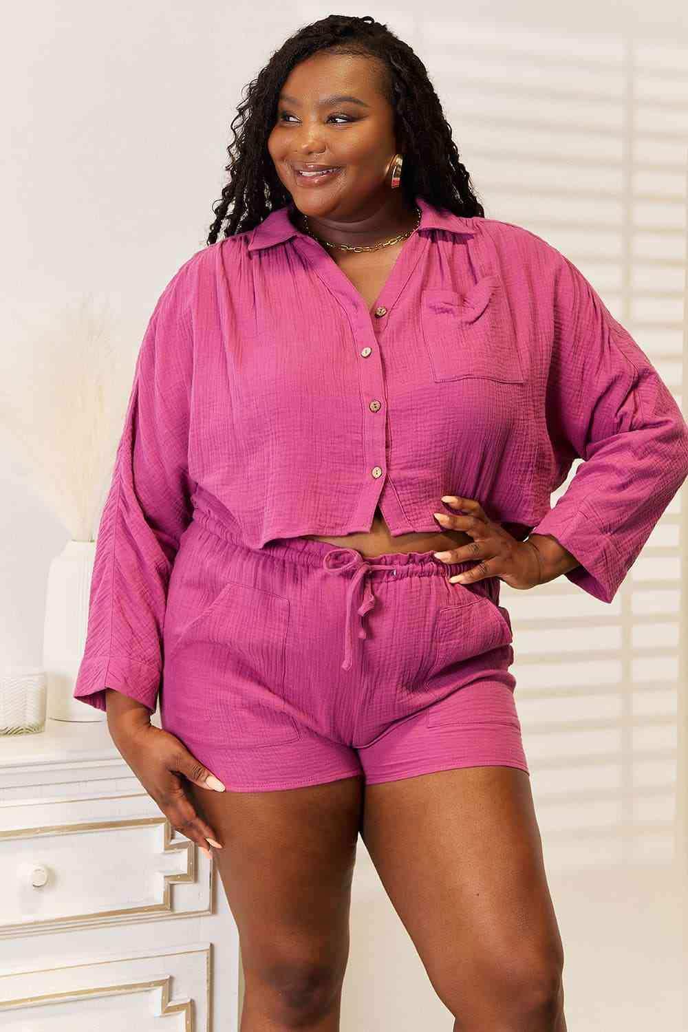 Basic Bae Buttoned Long Sleeve Top and Shorts Set - Trendsi - Flyclothing LLC