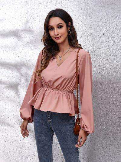 V-Neck Balloon Sleeve Peplum Blouse - Trendsi - Flyclothing LLC