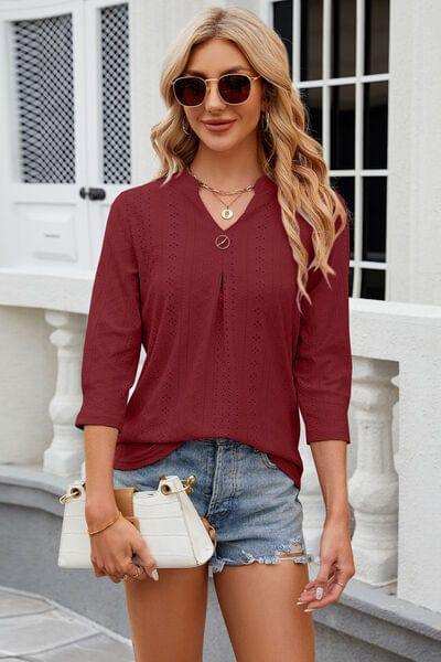 Eyelet Notched Knit Jacquard Top - Trendsi - Flyclothing LLC
