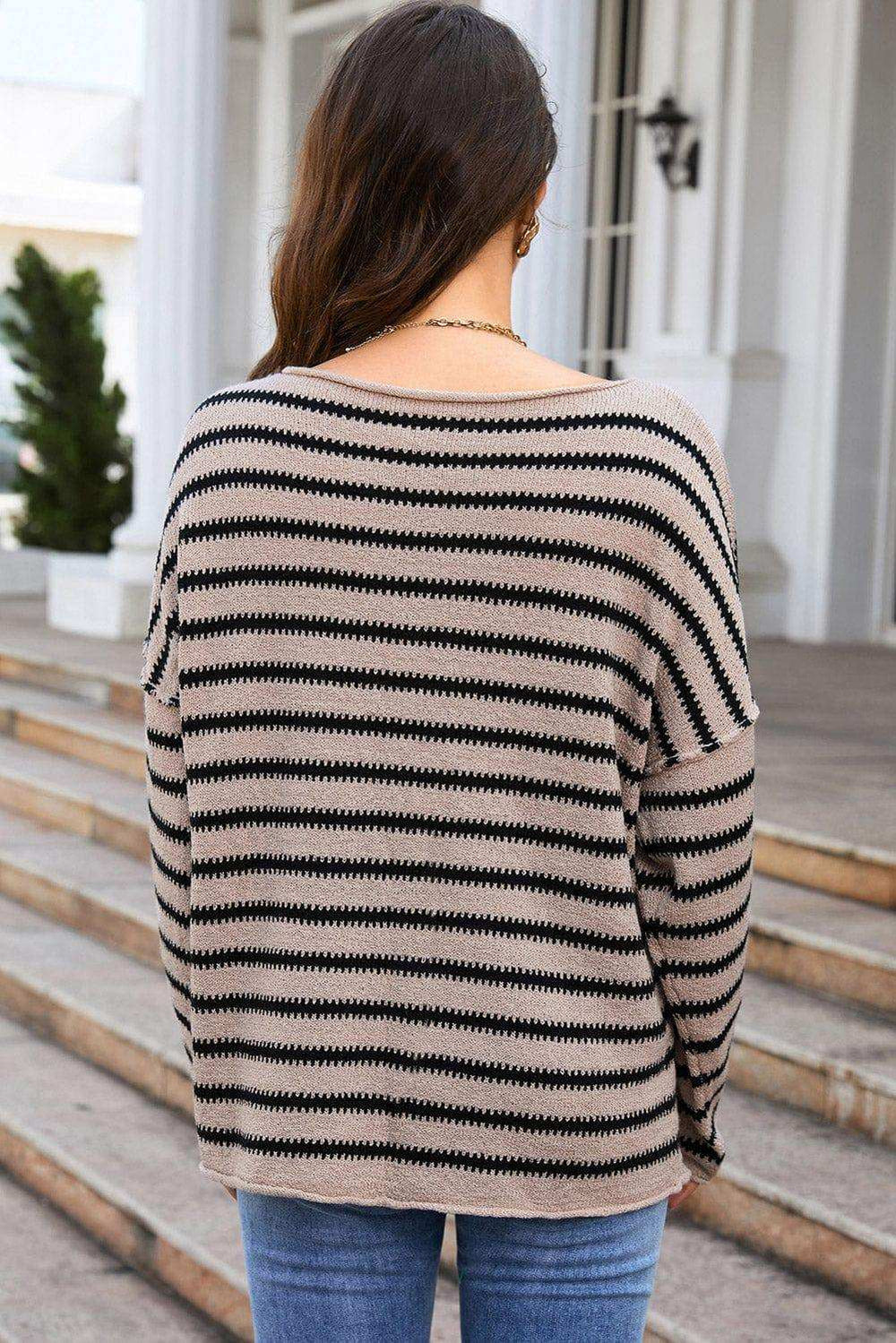 Round Neck Dropped Shoulder Knit Top - Trendsi - Flyclothing LLC