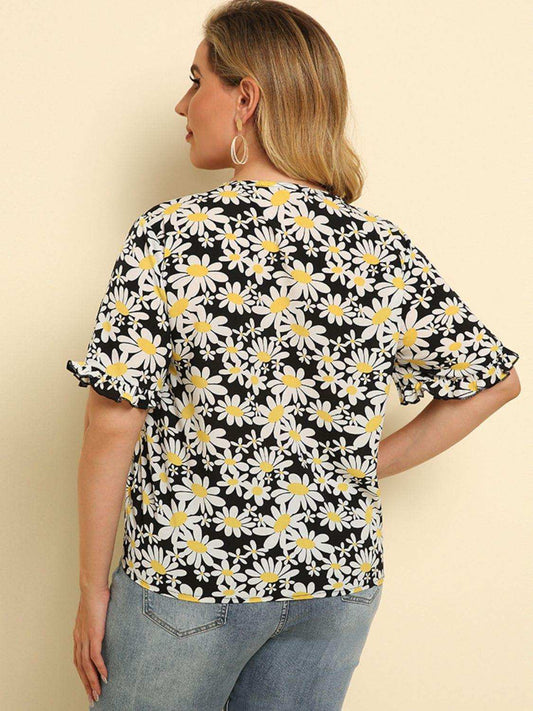 Plus Size Floral Round Neck Tie Hem Blouse - Trendsi - Flyclothing LLC