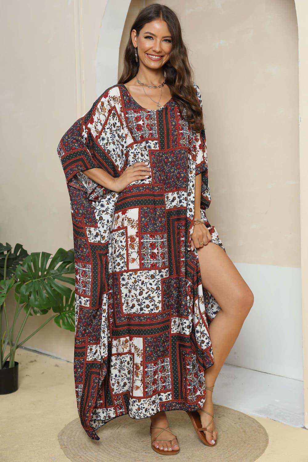 Printed V-Neck Split Maxi Dress - Trendsi - Flyclothing LLC