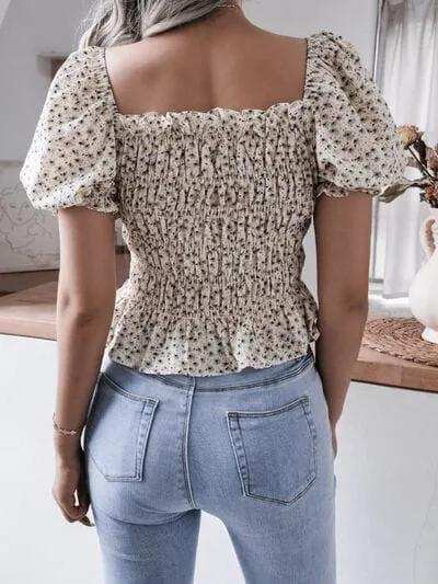 Frill Smocked Square Neck Short Sleeve Blouse - Trendsi - Flyclothing LLC