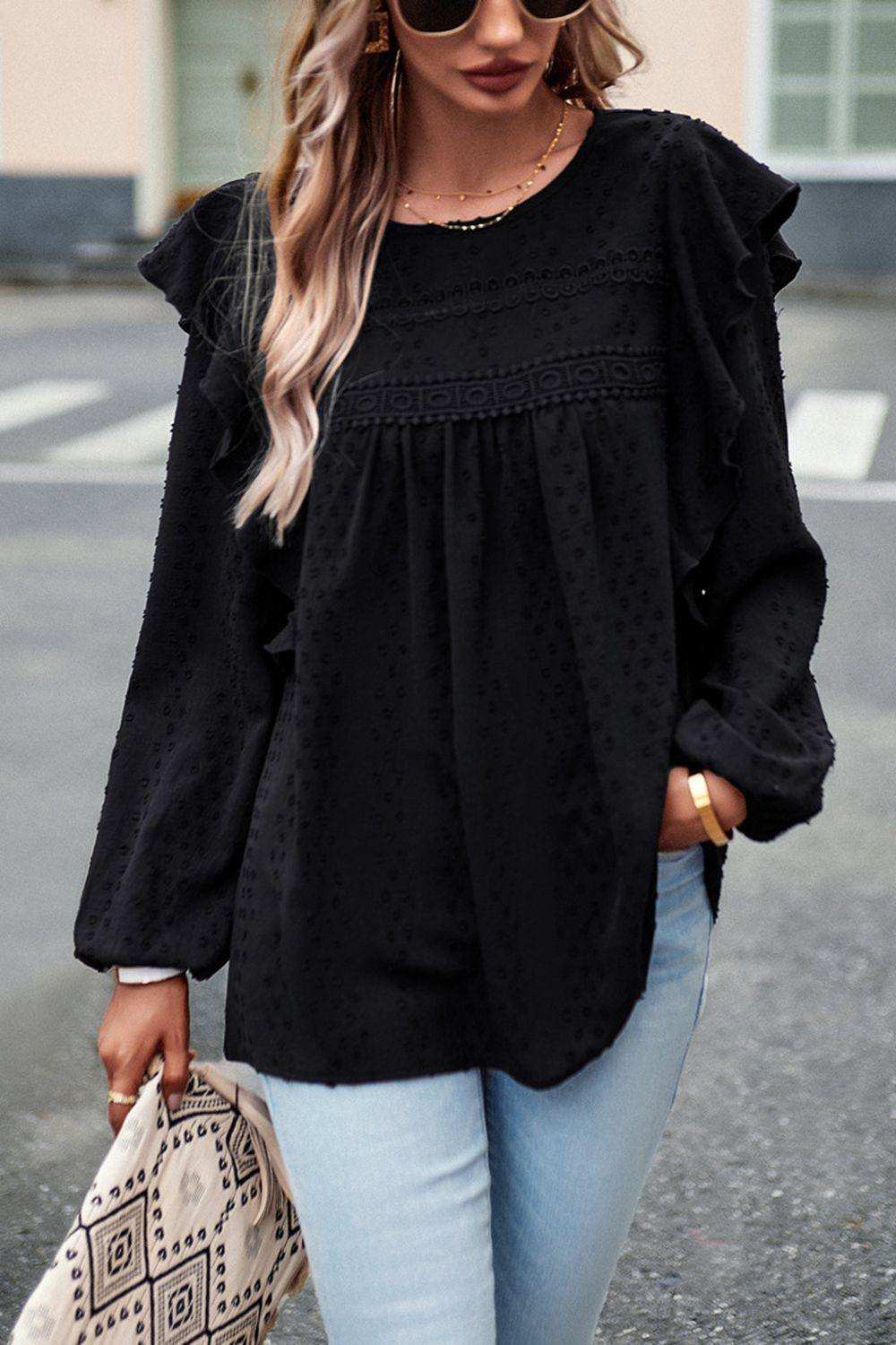 Ruffle Trim Balloon Sleeve Blouse - Trendsi - Flyclothing LLC
