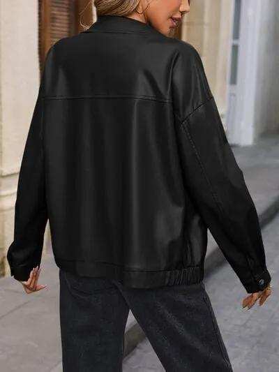 Pocketed Zip Up Collared Neck Jacket - Trendsi - Flyclothing LLC