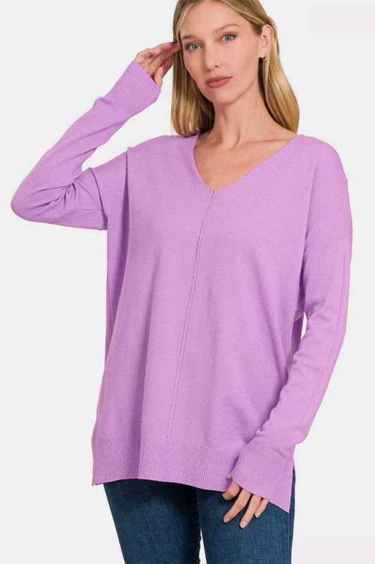 Zenana Slit V-Neck Dropped Shoulder Sweater - Trendsi - Flyclothing LLC