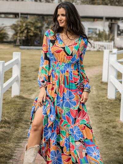 Printed Smocked Tie Neck Balloon Sleeve Maxi Dress - Trendsi - Flyclothing LLC