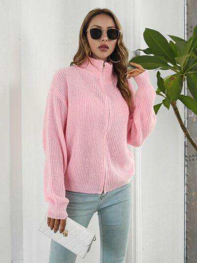 Turtleneck Zip Up Long Sleeve Knit Top - Trendsi - Flyclothing LLC
