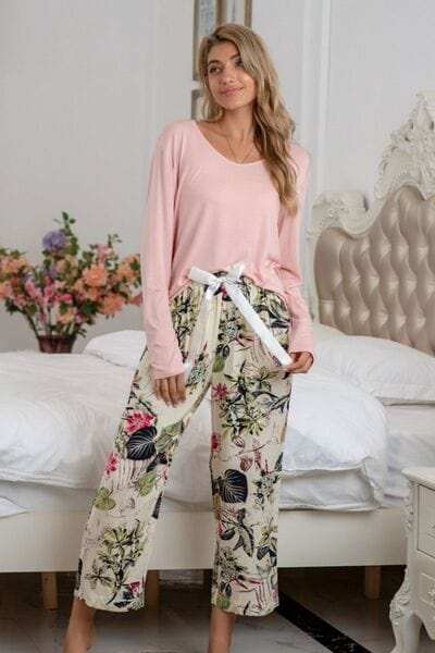 Round Neck Top and Printed Pants Lounge Set - Trendsi - Flyclothing LLC