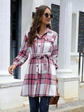 Plaid Belted Collared Neck Button Up Jacket - Trendsi - Flyclothing LLC