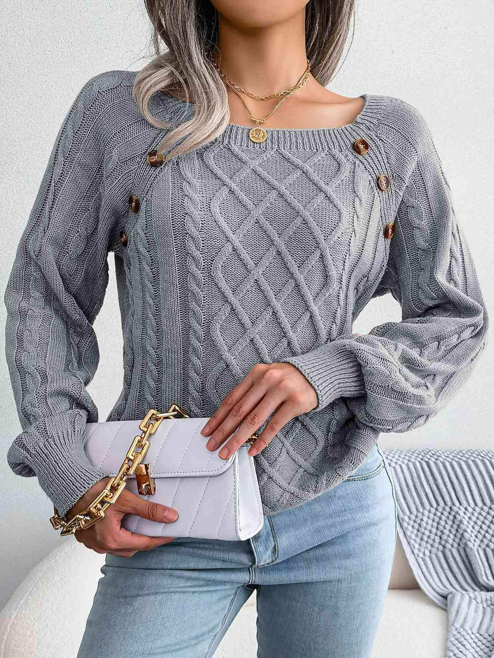 Decorative Button Cable-Knit Sweater - Trendsi - Flyclothing LLC