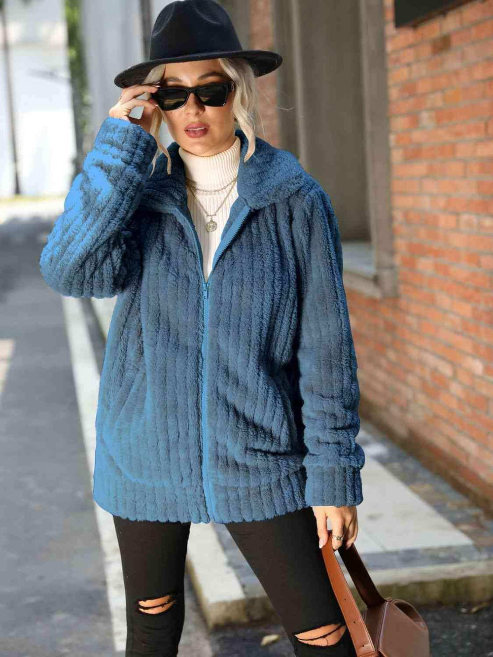 Zip-Up Collared Ribbed Jacket - Trendsi - Flyclothing LLC