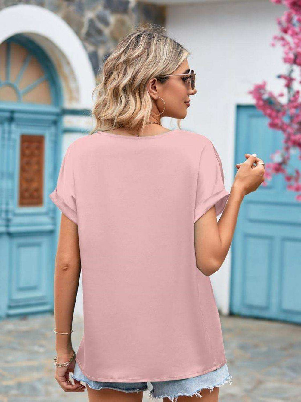 V-Neck Cuffed Blouse - Trendsi - Flyclothing LLC
