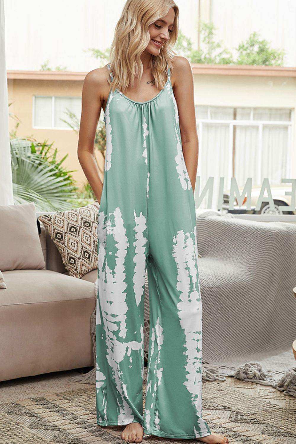 Tie-Dye Spaghetti Strap Jumpsuit with Pockets - Trendsi - Flyclothing LLC
