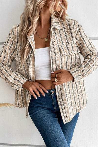 Pocketed Button Up Collared Neck Jacket - Trendsi - Flyclothing LLC
