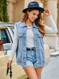 Pocketed Button Up Sleeveless Denim Jacket - Trendsi - Flyclothing LLC