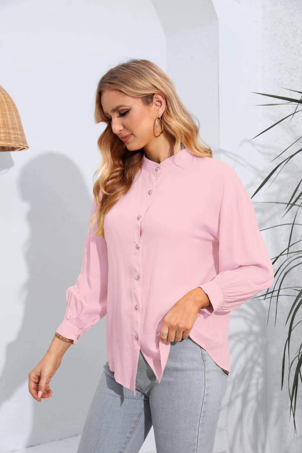 Mock Neck Buttoned Long Sleeve Shirt - Trendsi - Flyclothing LLC