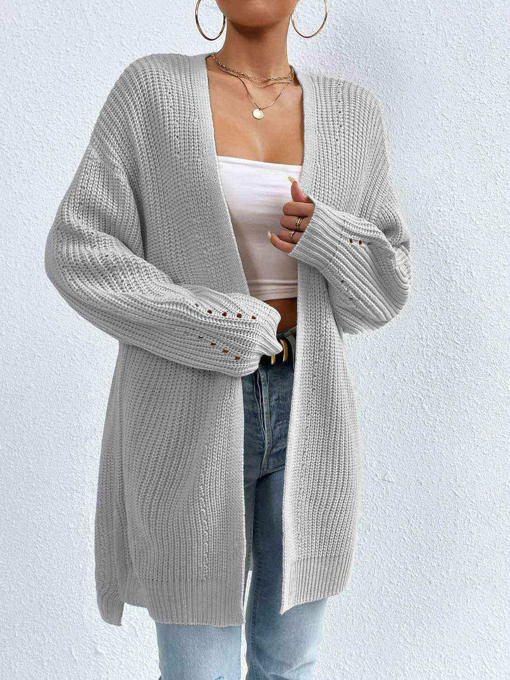 Open Front Dropped Shoulder Slit Cardigan - Trendsi - Flyclothing LLC