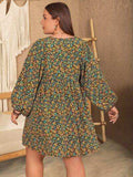 Plus Size V-Neck Balloon Sleeve Printed Mini Dress - Trendsi - Flyclothing LLC