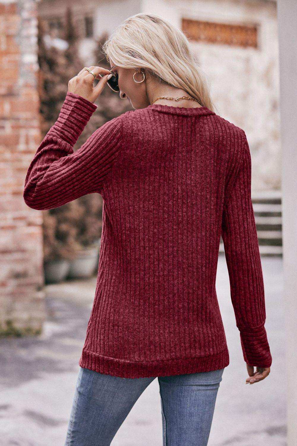 V-Neck Long Sleeve Ribbed Top - Trendsi - Flyclothing LLC