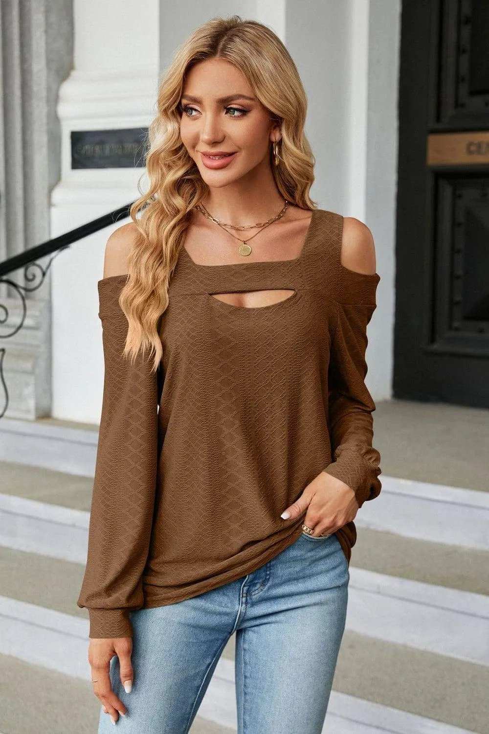 Cold Shoulder Square Neck Cutout Blouse - Trendsi - Flyclothing LLC