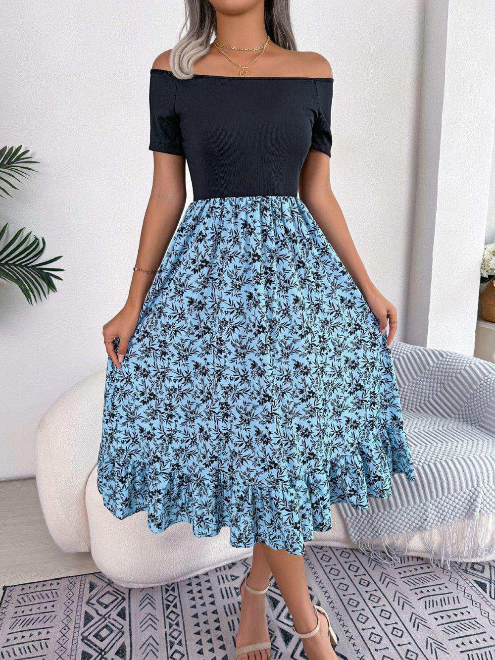 Printed Off-Shoulder Ruffle Hem Dress - Trendsi - Flyclothing LLC