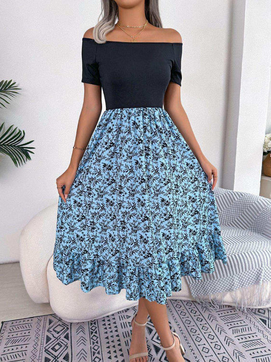 Printed Off-Shoulder Ruffle Hem Dress - Trendsi - Flyclothing LLC
