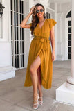 Ruffled Surplice Tie Waist Slit Midi Dress - Trendsi - Flyclothing LLC