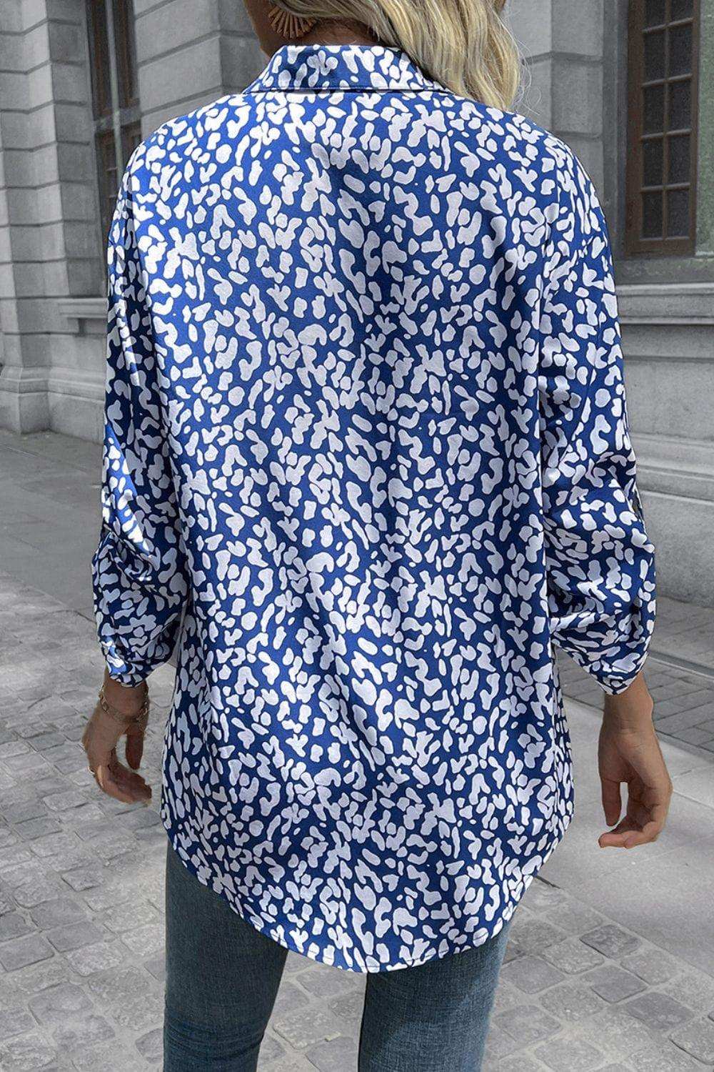 Leopard Roll-Tap Sleeve Shirt - Trendsi - Flyclothing LLC