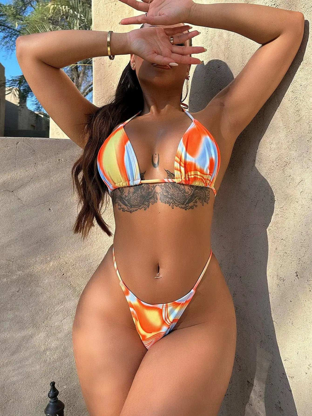 Multicolored Drawstring Ruched Three-Piece Swim Set - Trendsi - Flyclothing LLC