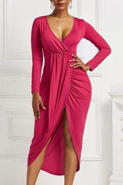 High-low Ruched Surplice Long Sleeve Dress - Trendsi - Flyclothing LLC