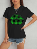 Plaid Lip Graphic Round Neck T-Shirt - Trendsi - Flyclothing LLC