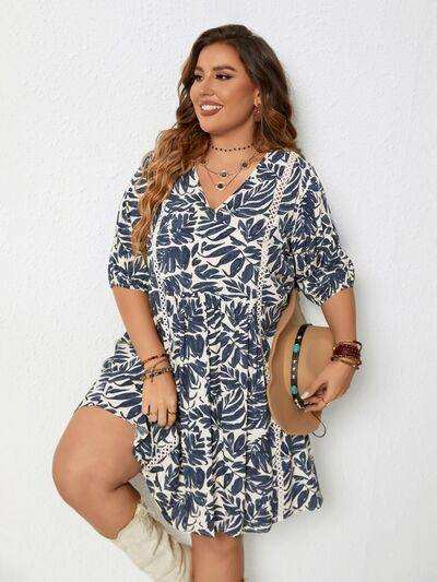 Plus Size Printed V-Neck Half Sleeve Mini Dress - Trendsi - Flyclothing LLC