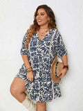 Plus Size Printed V-Neck Half Sleeve Mini Dress - Trendsi - Flyclothing LLC
