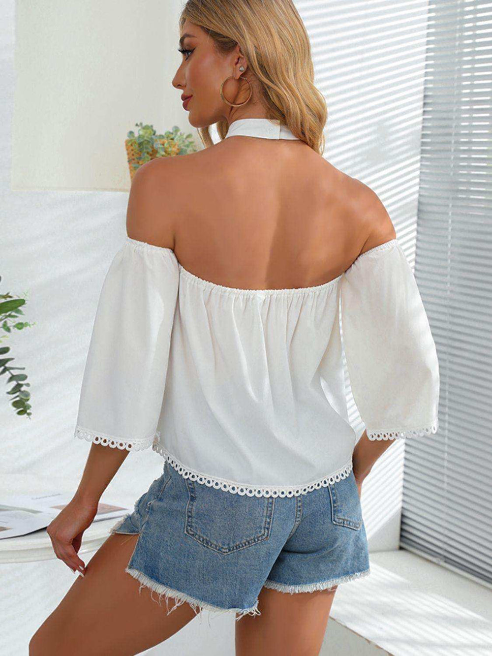Crochet Halter Neck Cold-Shoulder Blouse - Trendsi - Flyclothing LLC