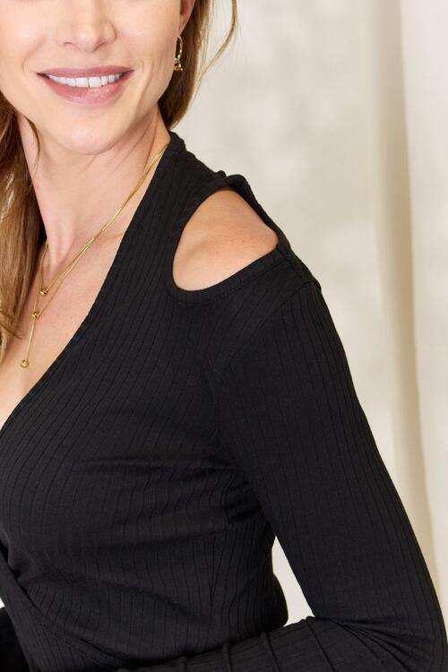 Culture Code Full Size Ribbed Surplice Cold Shoulder Top - Trendsi - Flyclothing LLC