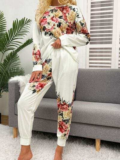 Printed Round Neck Top and Drawstring Pants Lounge Set - Trendsi - Flyclothing LLC