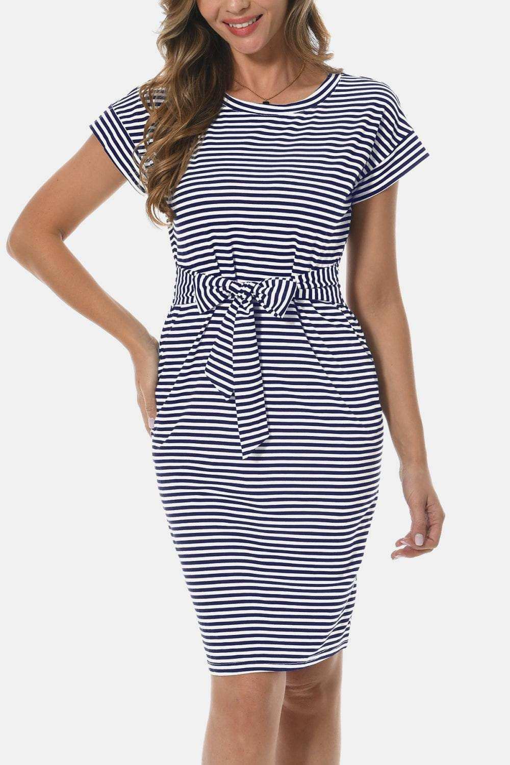 Tie Front Round Neck Short Sleeve Dress - Trendsi - Flyclothing LLC
