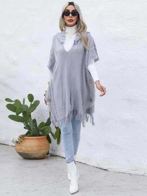 Fringe Trim Buttoned Hooded Poncho - Trendsi - Flyclothing LLC