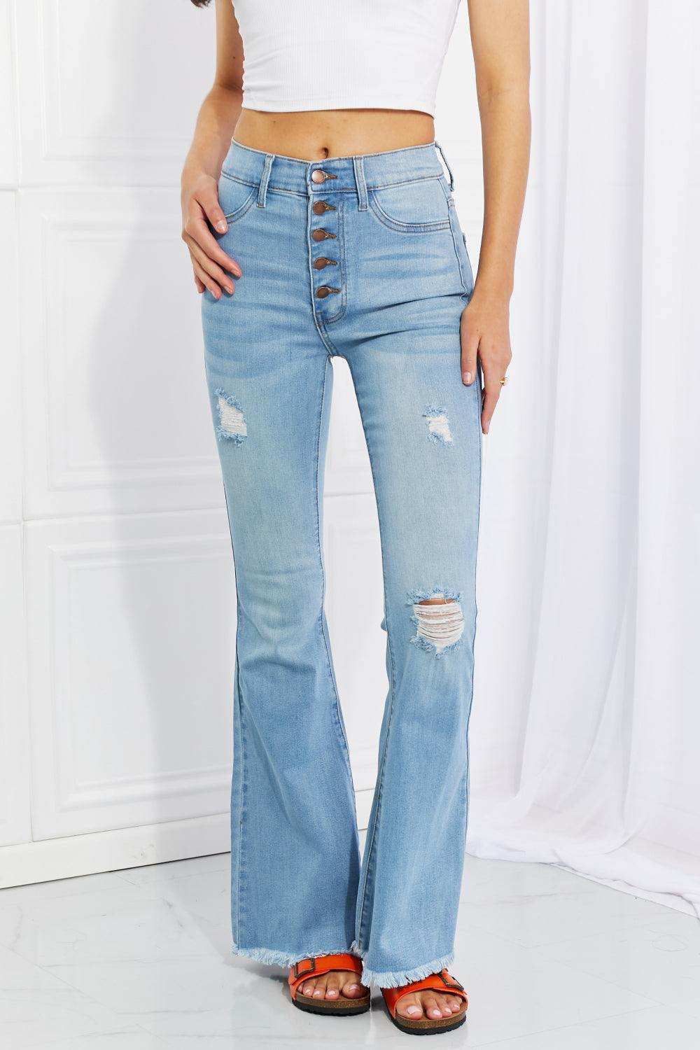 Vibrant MIU Full Size Jess Button Flare Jeans - Trendsi - Flyclothing LLC