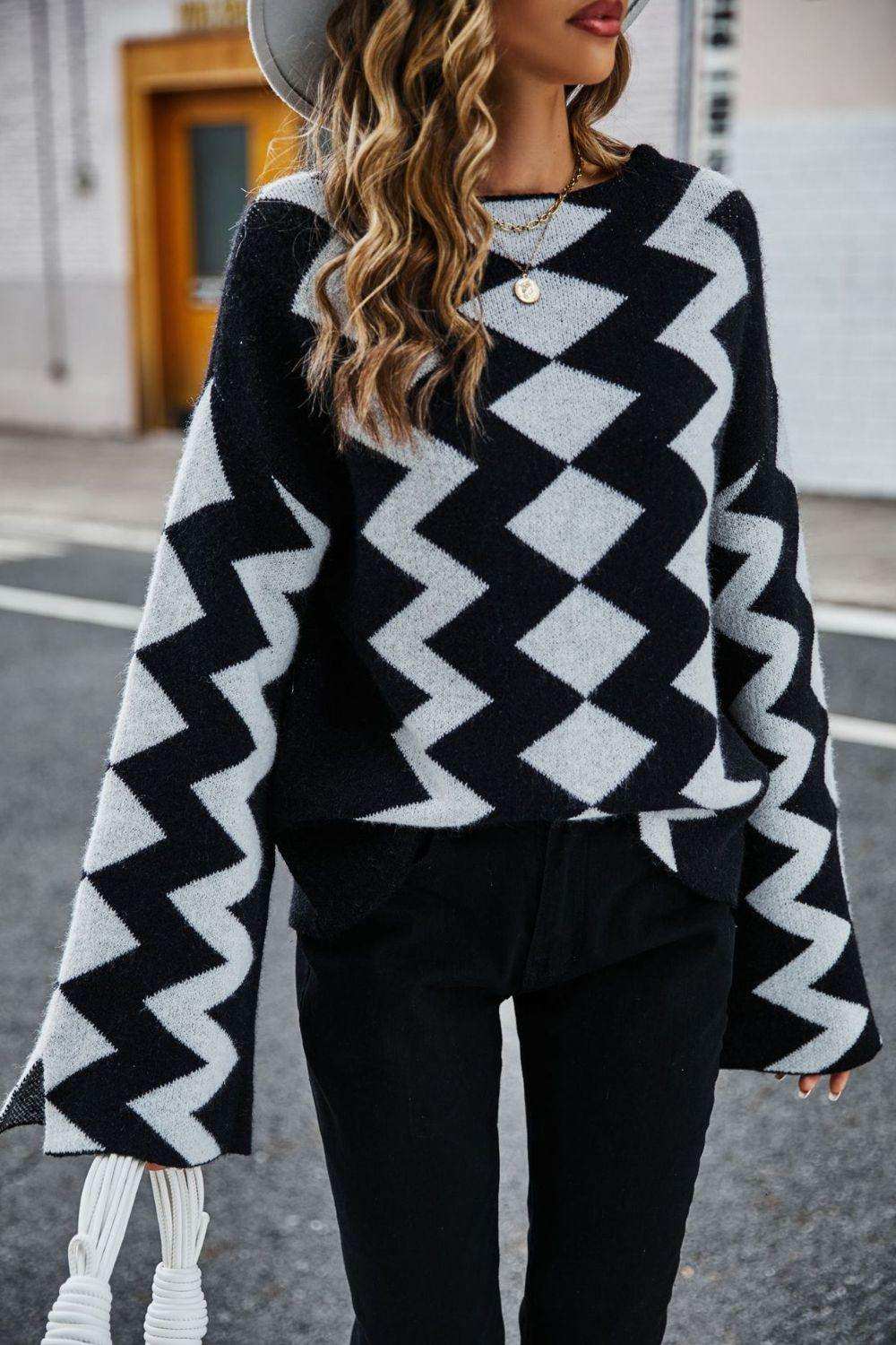 Geometric Slit Flare Sleeve Round Neck Sweater - Trendsi - Flyclothing LLC