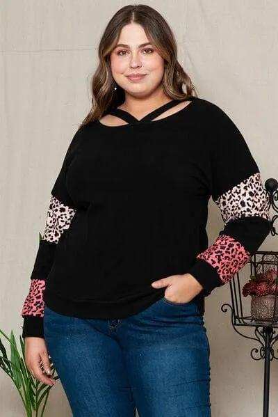 Plus Size Leopard Dropped Shoulder Long Sleeve T-Shirt - Trendsi - Flyclothing LLC