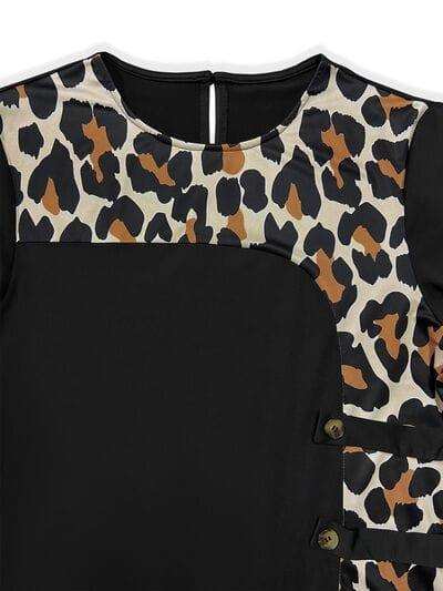 Plus Size Leopard Round Neck Long Sleeve Dress - Trendsi - Flyclothing LLC