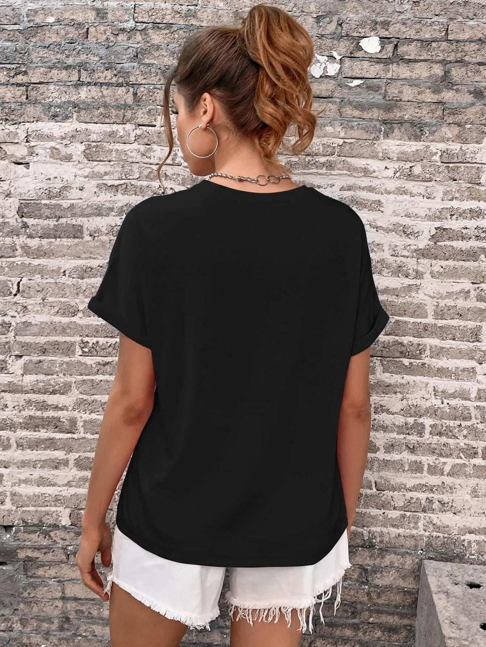 Round Neck Cuffed Sleeve T-Shirt - Trendsi - Flyclothing LLC