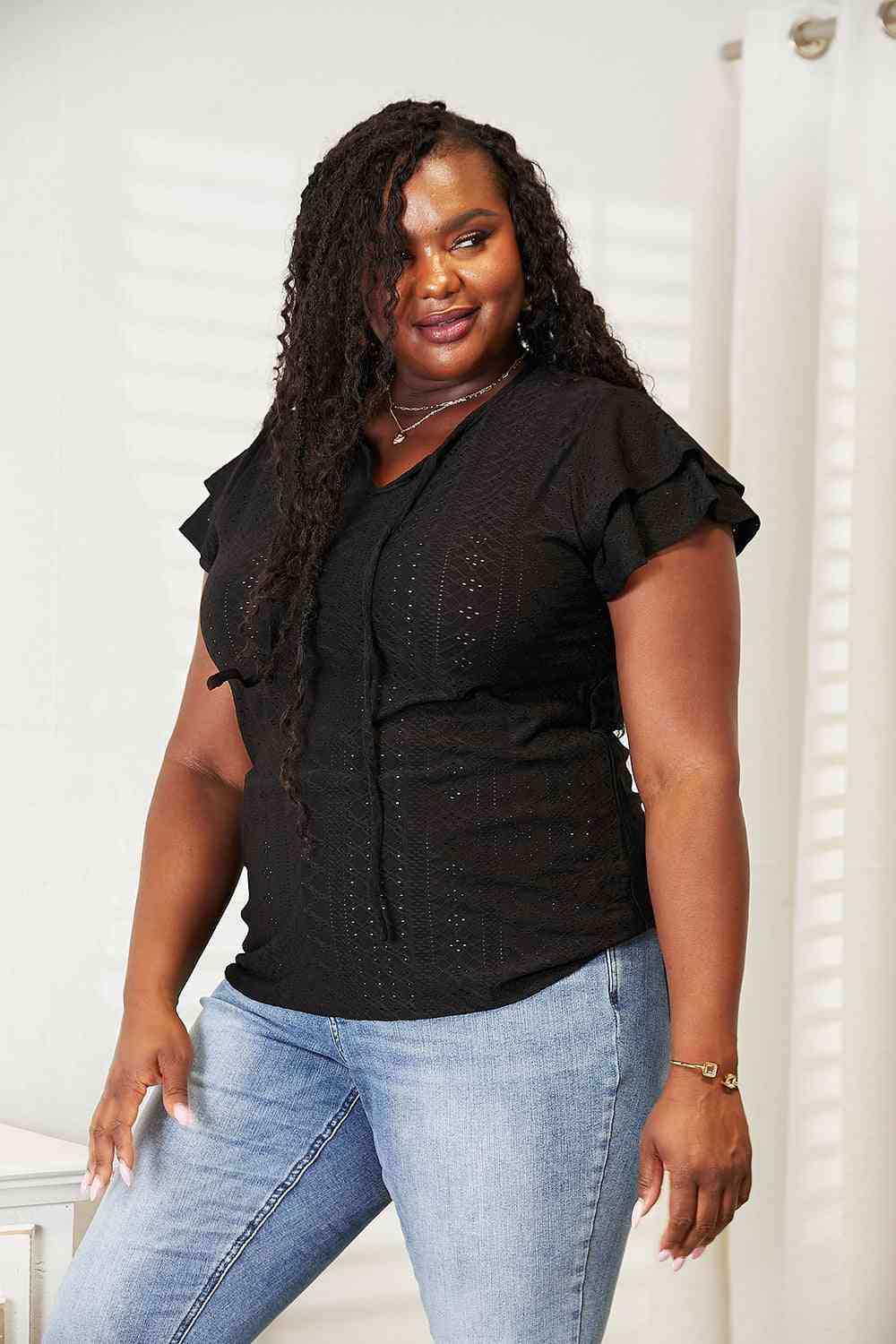 Double Take Eyelet Tie-Neck Flutter Sleeve Blouse - Trendsi - Flyclothing LLC