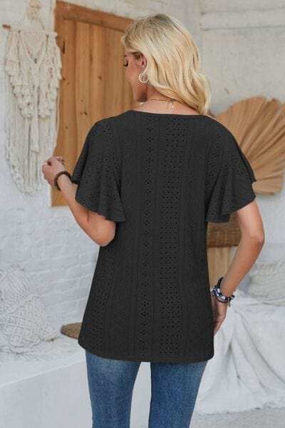 Eyelet Applique V-Neck Cap Sleeve T-Shirt - Trendsi - Flyclothing LLC
